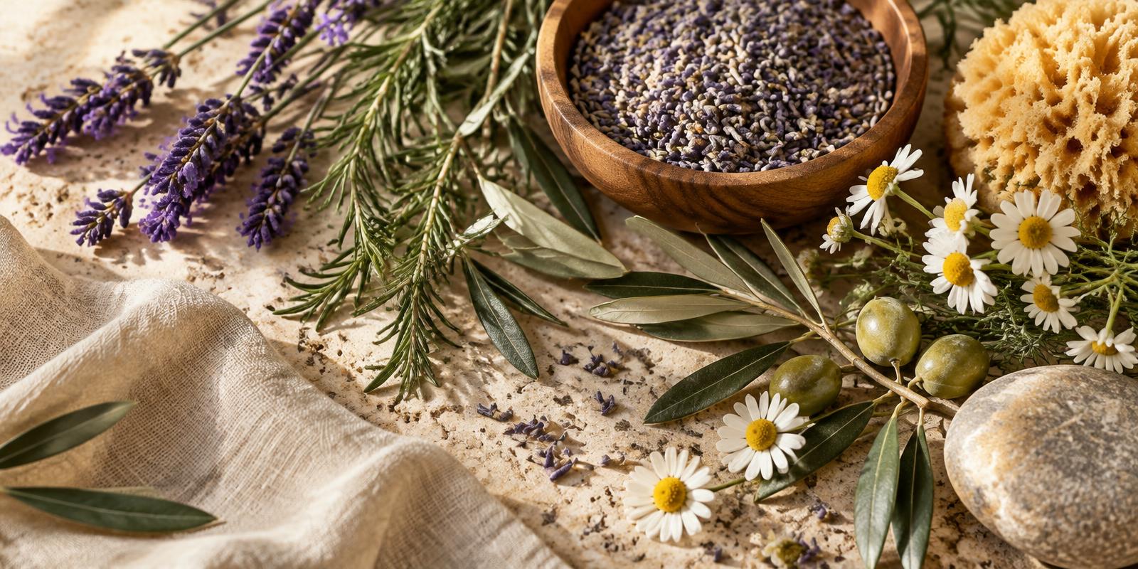 Lavender, rosemary, chamomile and olive leaves with a wooden bowl on pale stone