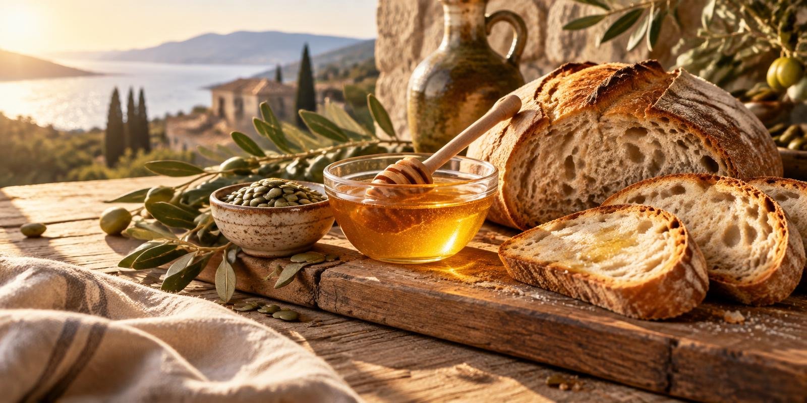 Bread, honey and pumpkin seeds on a wooden board