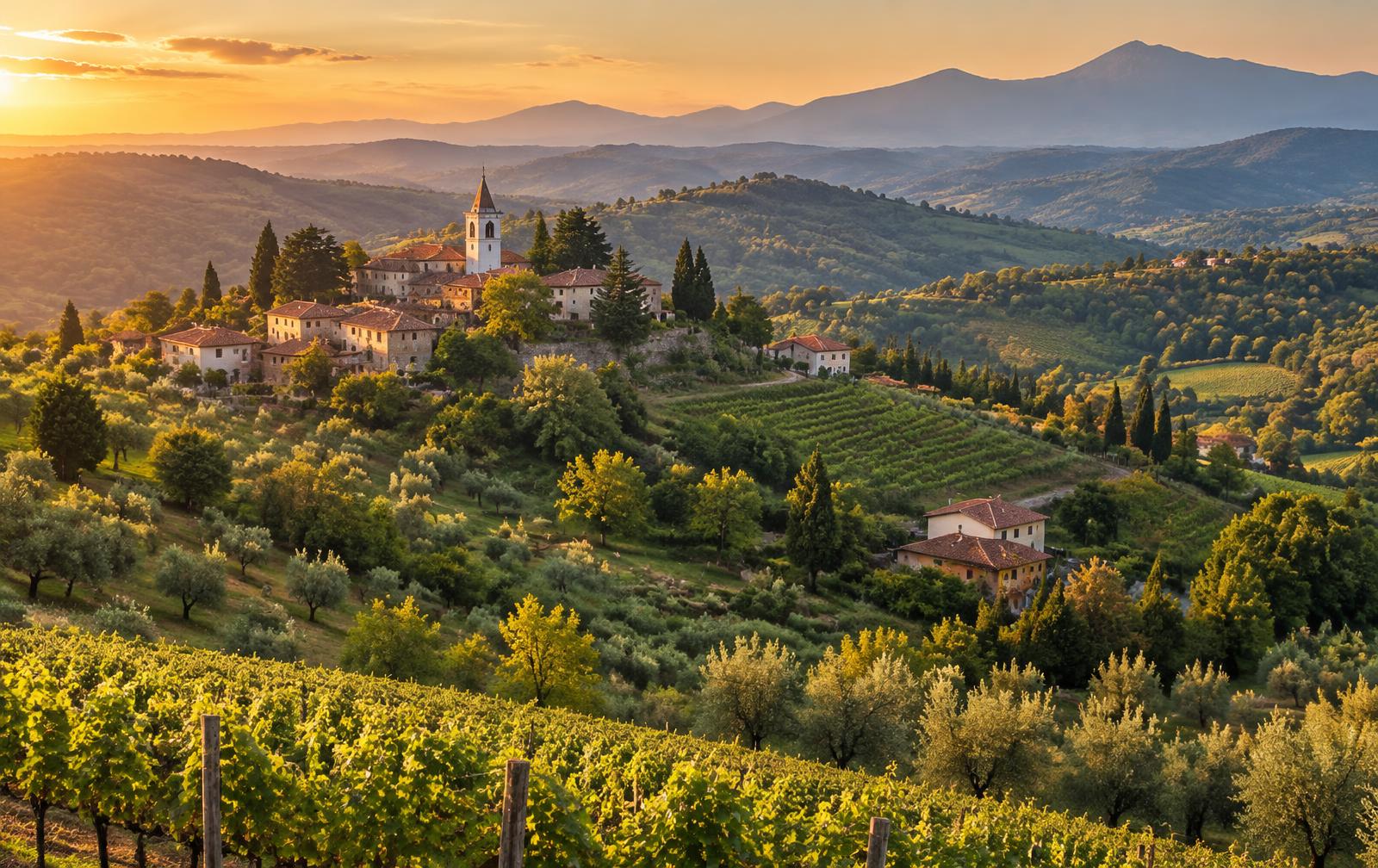 Illustrative view of rolling Croatian countryside with vineyards and a hilltop village